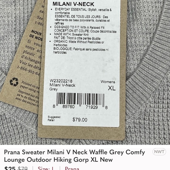 Prana Sweater Milani V Neck Waffle Grey Comfy Lounge Outdoor Hiking Gorp XL New - Picture 10 of 12